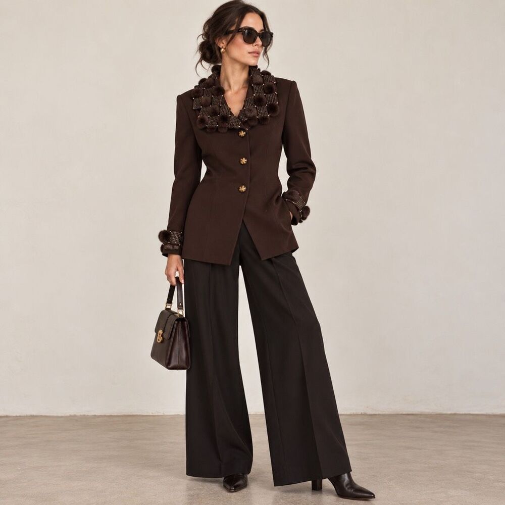 Vintage Louise Ricci Womens Brown Lattice Fur Trim Evening Blazer Jacket Sz 8